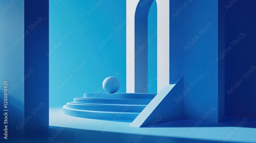 Poster blue minimalist architecture with sphere and steps.