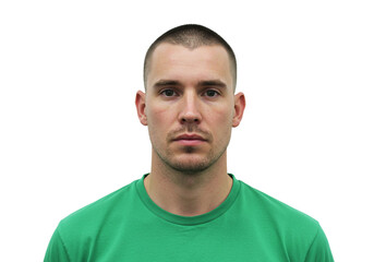 Obraz premium Portrait of a Young Man Serious Expression Green Shirt Studio Shot Guy Male Face Head Look Model 