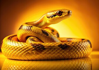 Fototapeta premium Luxurious golden snake, scales gleaming against a vibrant yellow backdrop. High fashion editorial, animal print.