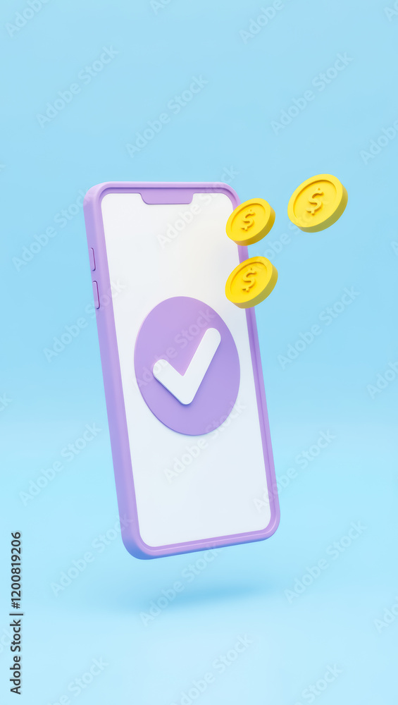 Poster purple smartphone displaying checkmark with animated golden coins symbolizing successful digital tra