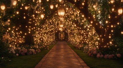 Obraz premium Enchanting Illuminated Garden Pathway at Night