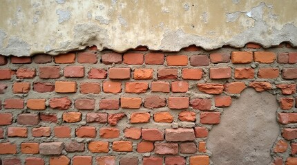 Close-Up of Aged Red Brick Wall with Weathered Plaster Patches