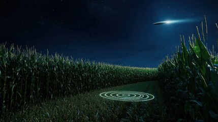 Obraz premium A UFO is flying over a field of corn