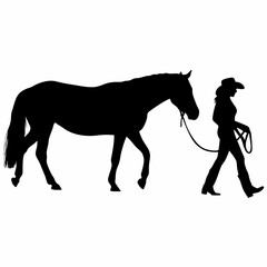 A horse is being led by a cowboy. The cowboy is wearing a hat and holding a rope