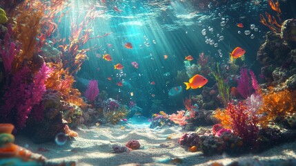 Naklejka premium Vibrant Underwater Scene with Colorful Fish and Coral Reef