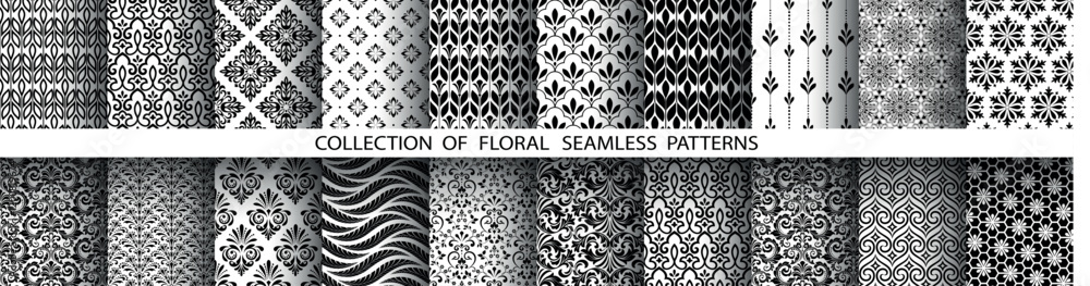 Aufkleber geometric floral set of seamless patterns. white and black vector backgrounds. damask graphic orname