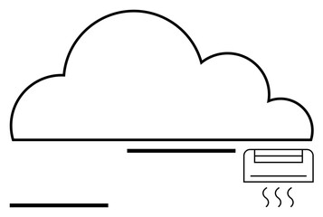 Cloud shape linked to an air conditioner or server, abstract linework. Ideal for tech, cloud computing, connectivity, server storage, minimalism, data management, abstract line flat metaphor