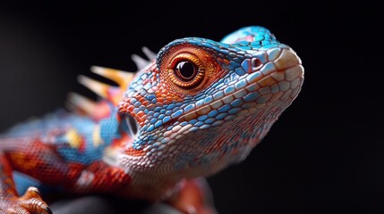 Fototapeta premium A colorful lizard with blue and red markings on its face