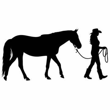 black horse and cowgirl silhouette walking clip art preview