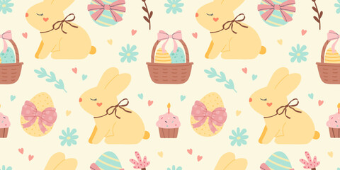 Happy easter pattern with yellow bunny and eggs