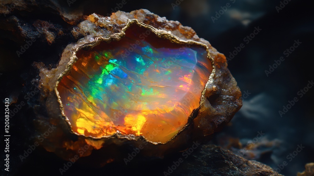 Poster close-up of a beautiful opal, its iridescent colors shifting with the light in a mesmerizing pattern