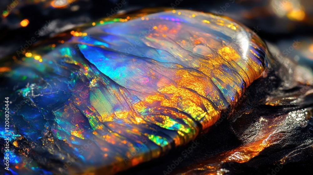 Poster close-up of a beautiful opal, its iridescent colors shifting with the light in a mesmerizing pattern