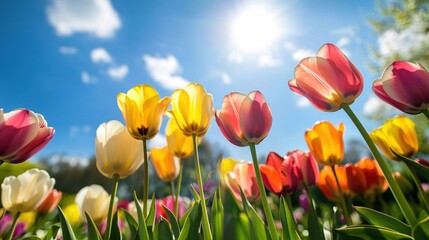 Vibrant Tulips Blooming Under a Sunny Spring Sky