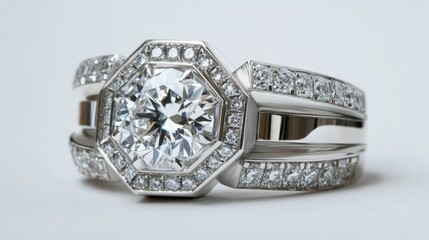 Fototapeta premium Close-up of a platinum diamond ring with a geometric design, set against a soft white background for a contemporary aesthetic.