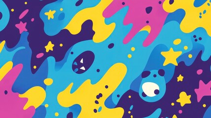 Abstract colorful shapes, stars, and cute monster design.