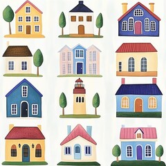 water color set isolate seaside lifestyle Colorful illustrated houses in various styles.