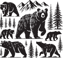 Black Color Grizzly Bear Silhouette Vector Illustration, Solid White Background
