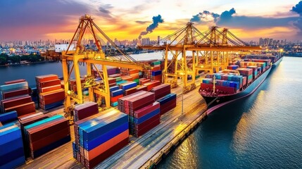 The contrast of a busy harbor at night, with cranes moving containers efficiently under the bright industrial lights, the sea calm and reflective.