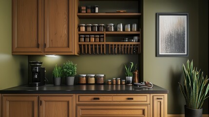 Espresso-stained cabinets with a satin-finish black countertop, built-in racks for spices and mugs