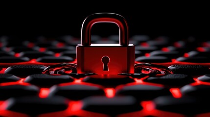 A close-up of a shiny red padlock set against a dark, textured background with glowing patterns.
