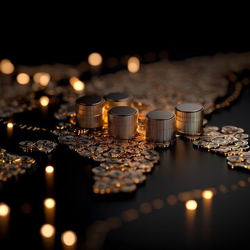A close-up of coins and stacks symbolizing wealth on a dark map background.