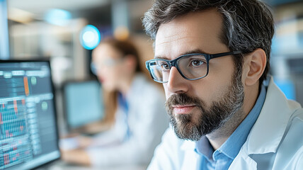 Analyzing data, man in lab coat focuses on cybersecurity threats