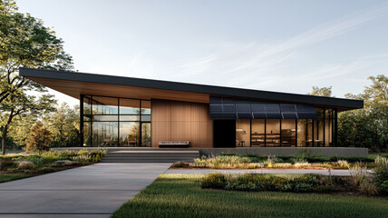 Obraz premium Modern office building with solar panels and landscaped surroundings