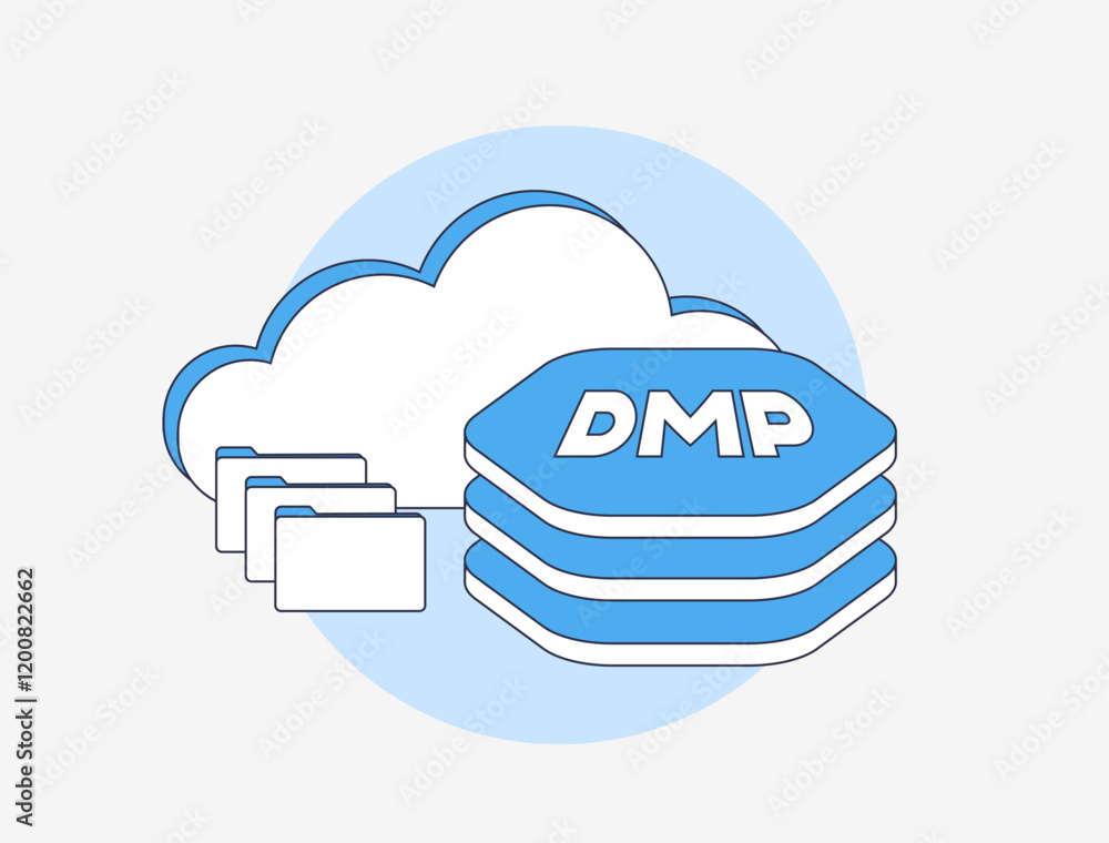Poster data management platform illustration with cloud storage and user data icons. highlights data organi
