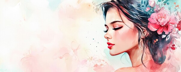 Fototapeta premium Floral watercolor idea. A serene portrait of a woman surrounded by flowers, representing beauty and tranquility.