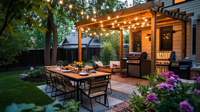backyard bbq & dining patio at night - warm lighting and ambiance