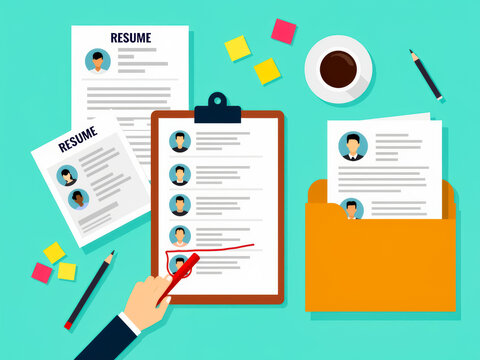 hand selects a candidate's resume during a job application review process.