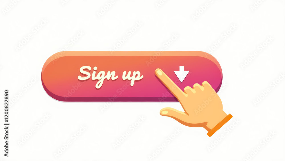 Poster stylized hand pointing to a 'sign up' button with gradient fill