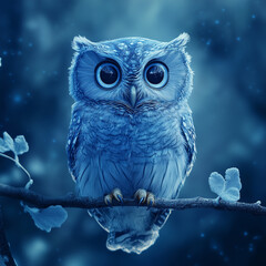 Cute Blue Owl on Tree Branch in Magical Night SkyCute Blue Owl on Tree Branch in Magical Night Sky