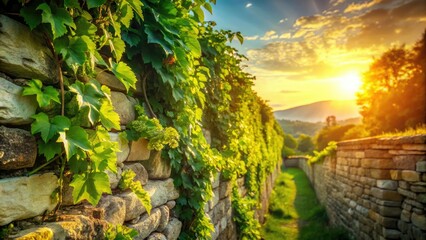 Fototapeta premium Panoramic view: lush green vines climb a rustic stone wall, creating a textured natural tapestry.