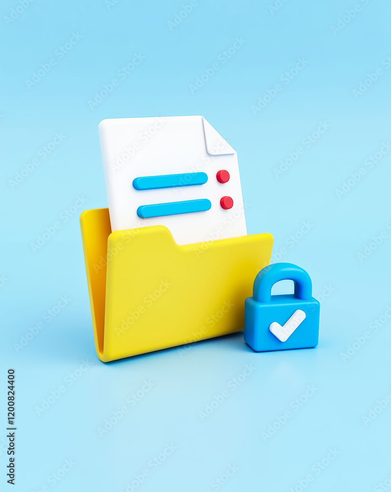 Poster yellow folder with document and blue padlock depicting secure data storage