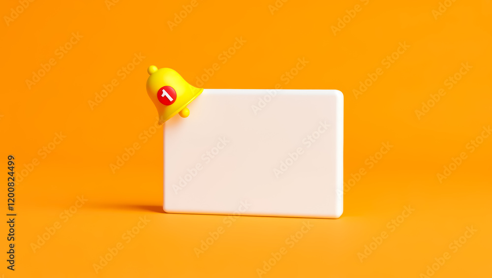 Poster yellow 3d bell with a red notification number one on a white plane against an background