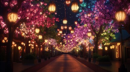 Enchanting Night Street Illuminated by Lanterns and Blossoms