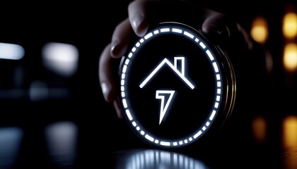 A hand holding a modern smart home control panel in a dark ambiance.