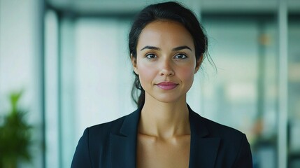 Confident Professional: Portrait of a poised and self-assured business woman, her gaze direct and her expression one of quiet competence, in a modern office environment.