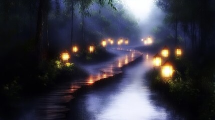 Enchanting Pathway Lanterns Illuminated Night Forest River