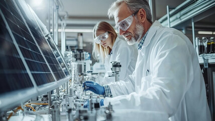 Innovative scientists working in renewable energy lab with solar panels