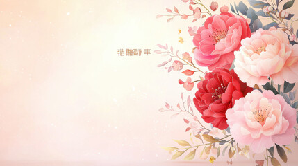 Elegant floral arrangement with vibrant red and pastel pink roses on soft beige background, evoking serene and romantic mood