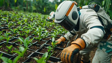 Fototapeta premium robot planting seeds in reforestation area, promoting ecological recovery