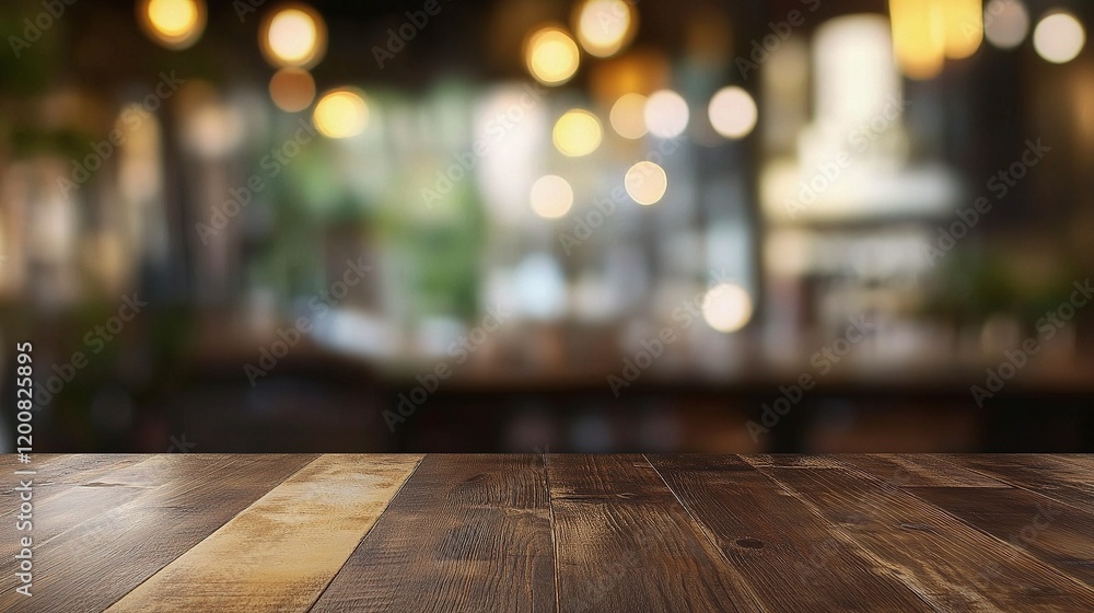 Poster rustic backdrop: a wooden table captures the essence of a blurred background filled with warm, invit