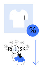 T-shirt graphic with percentage symbol, person analyzing risk factors using magnifying glass. Ideal for fashion trends, production, cost analysis, safety, decision-making, finance, abstract line flat