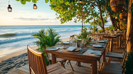 Obraz premium romantic beachfront dinner table setting - relaxing/wellness