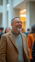 Cheerful man in stylish coat smiles during networking event indoors