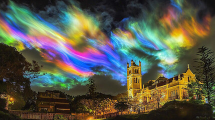 Obraz premium Ethereal night sky filled with color-shifting clouds surrounding a towering illuminated monument 