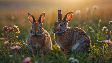 Obraz premium Two Rabbits in a Field