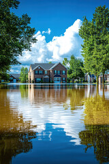 A suburban house surrounded by reflective floodwaters under a clear blue sky, highlighting the impact of natural disasters in residential areas.